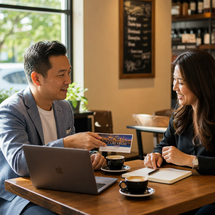 Coach showing the incentive to a prospect at a coffee meeting