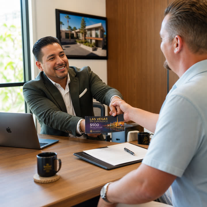 Sales rep handing a Las Vegas incentive to a prospect on closing