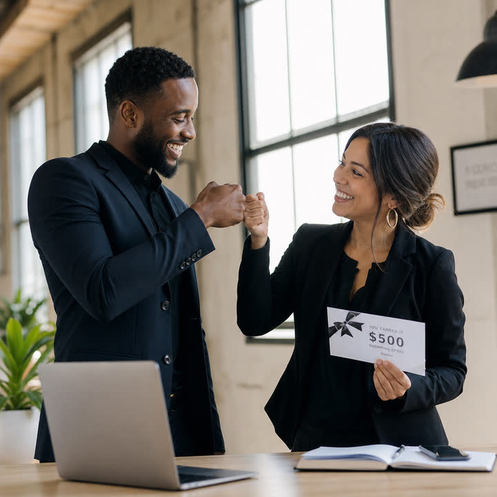 Two colleagues celebrating a closed referral with a $500 incentive