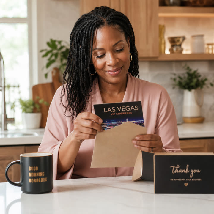 Customer opening a thank-you box containing a Las Vegas incentive