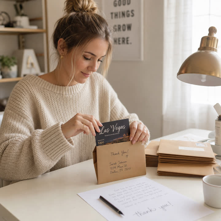 Operator writing a thank-you note alongside a Las Vegas card