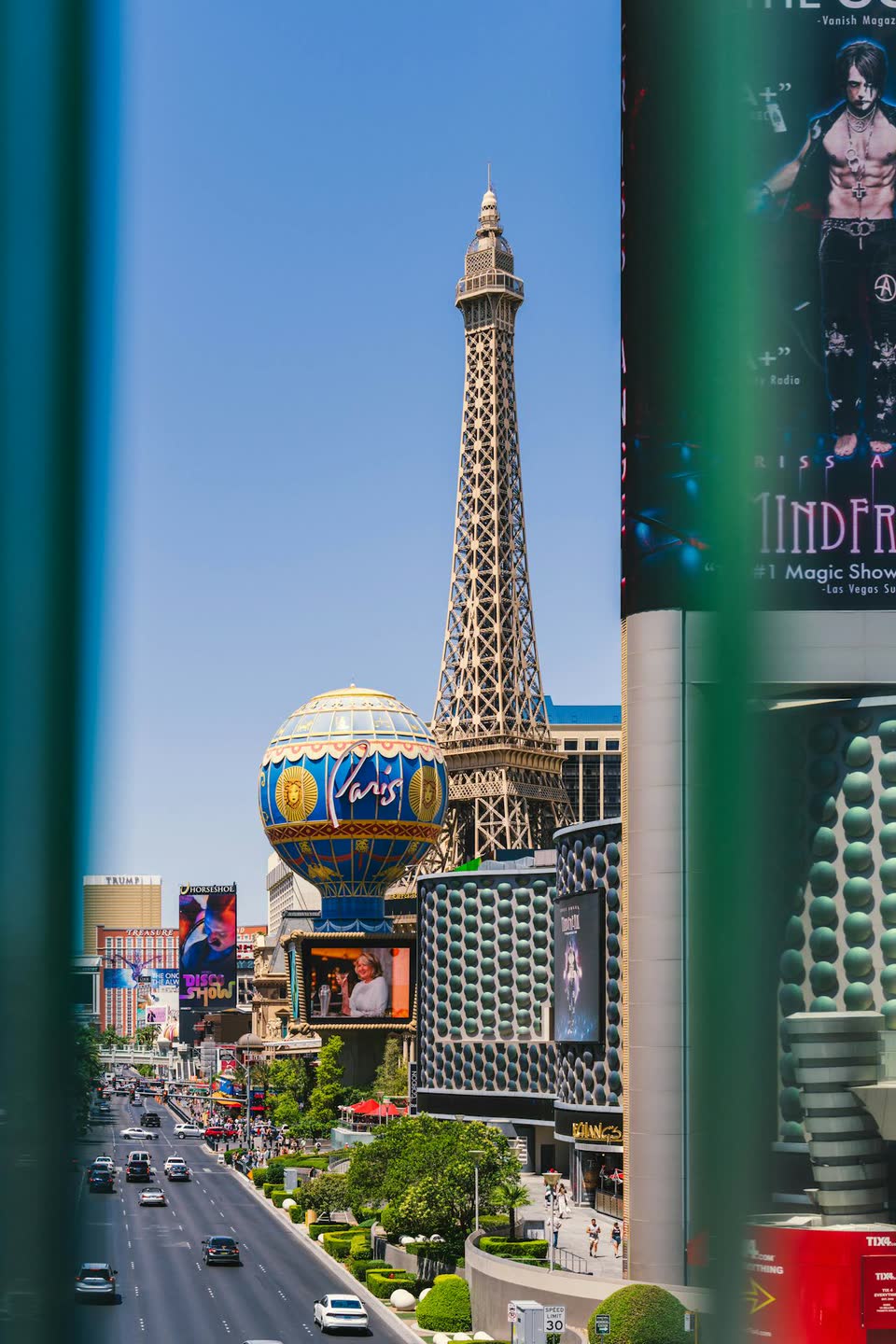 The Las Vegas Strip with the Paris Las Vegas Eiffel Tower and the Montgolfier balloon